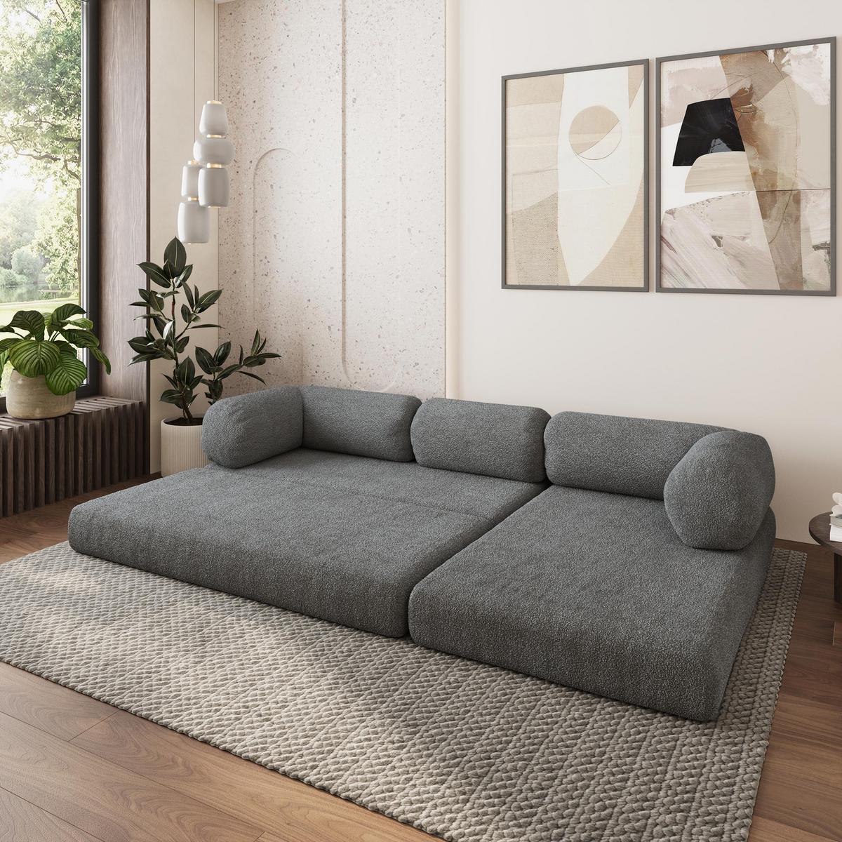 ECKSOFA KELI modulares Boneless Sofa mit Schlaffunktion Grau Boucle-Stoff - Grau, Textil (270/160cm) - MASSENO