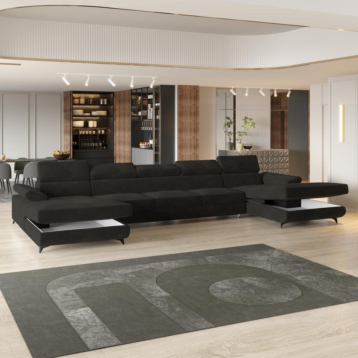 WOHNLANDSCHAFT VIVENTE Schwarz Velours-Stoff mit Schlaffunktion - Schwarz, Holz (410/89/190cm) - MASSENO