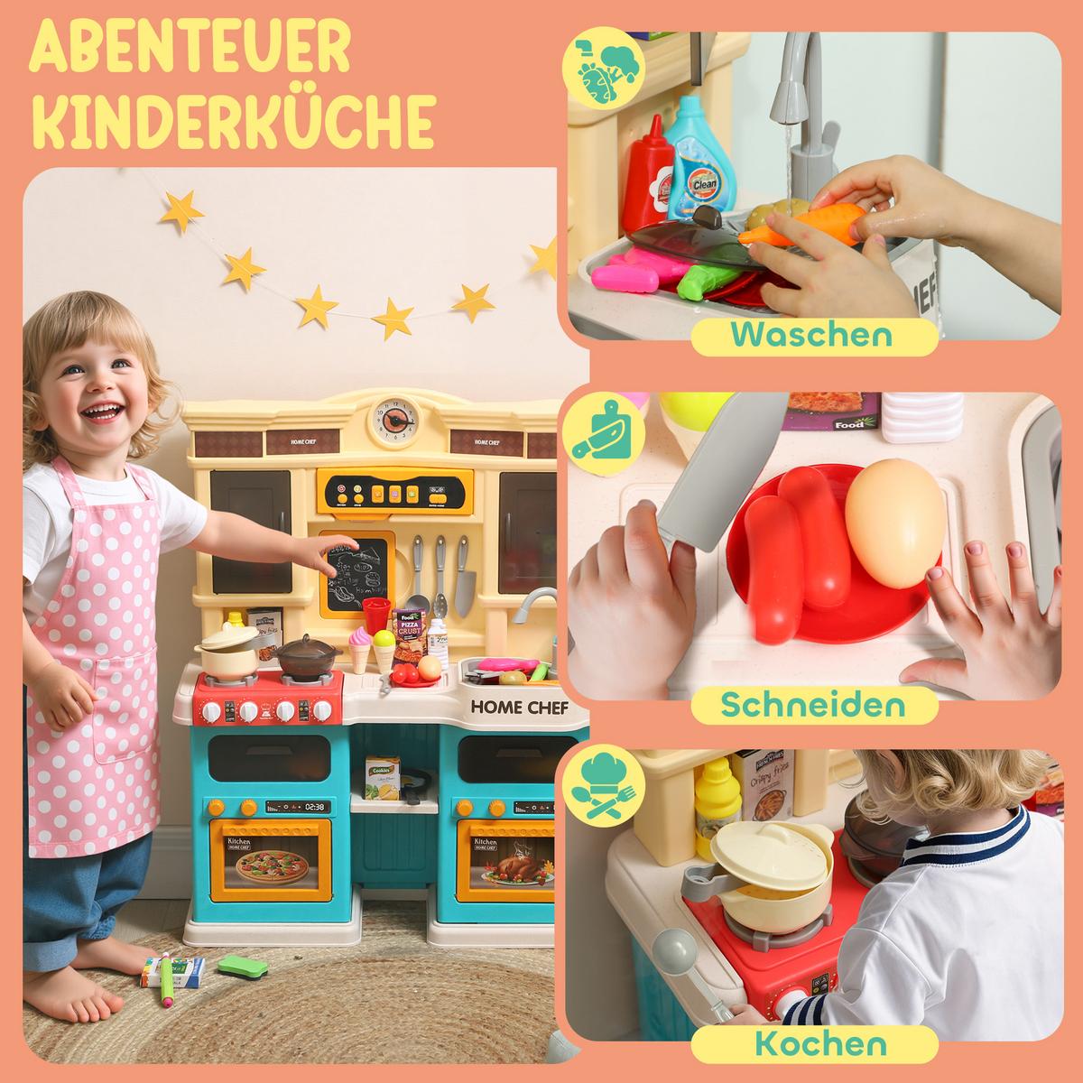 SPIELKÜCHE mit fließendem Wasser, 85-teiliges Zubehör, elektrischer Wasserhahn - Grün, Kunststoff (24/66cm) - AIYAPLAY