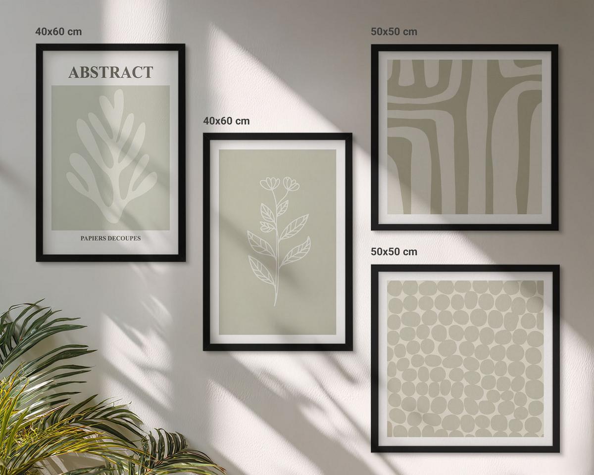 BILDER SET 4er Set - 50x50 cm & 40x60 cm Schwarzer Rahmen - Pflanzen- und geometrische Muster - Schwarz, Kunststoff (50/50cm) - TULUP
