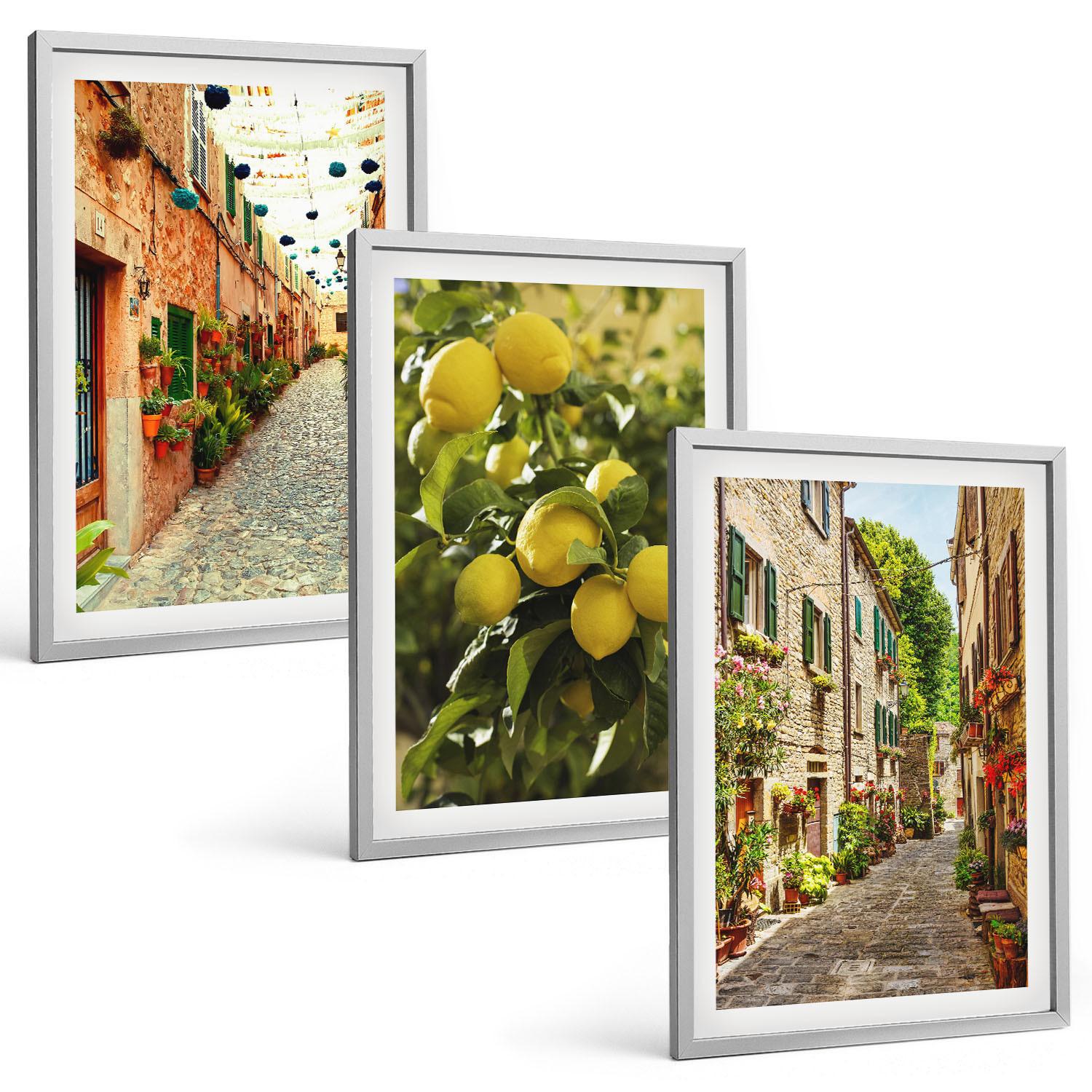 BILDER SET 3er Set - 40x60 cm Silberner Rahmen - Straßen mit Zitronenblüten im Hintergrund - Silberfarben, Kunststoff (40/60cm) - TULUP
