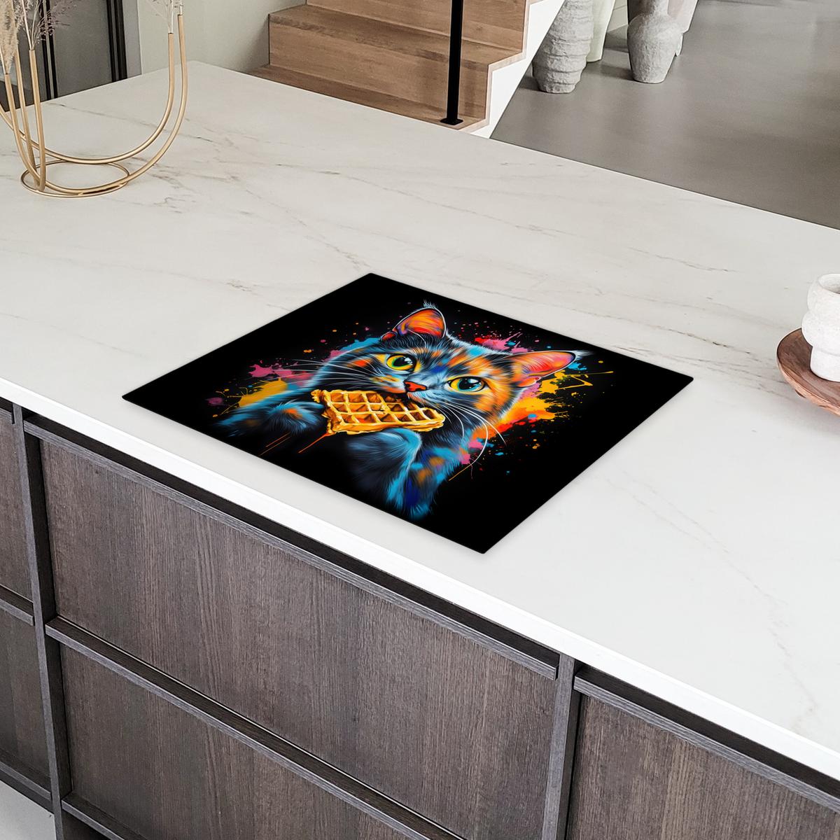 HERDABDECKPLATTE Katze - Graffiti - Bunt - Waffel - Essen Herdabdeckung Induktionsfeld 65x52 cm - Multicolor, Kunststoff (65/52/0.2cm) - MuchoWow
