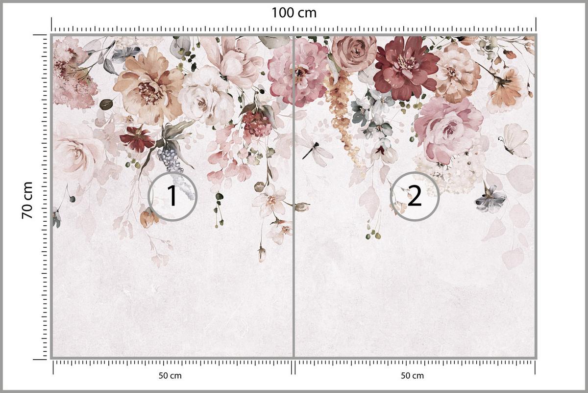 FOTOTAPETE für Schlafzimmer Aquarell Bunte Blumen Ranken Blätter 100x70 - Rot/Rosa, Papier (100/70cm) - Muralo