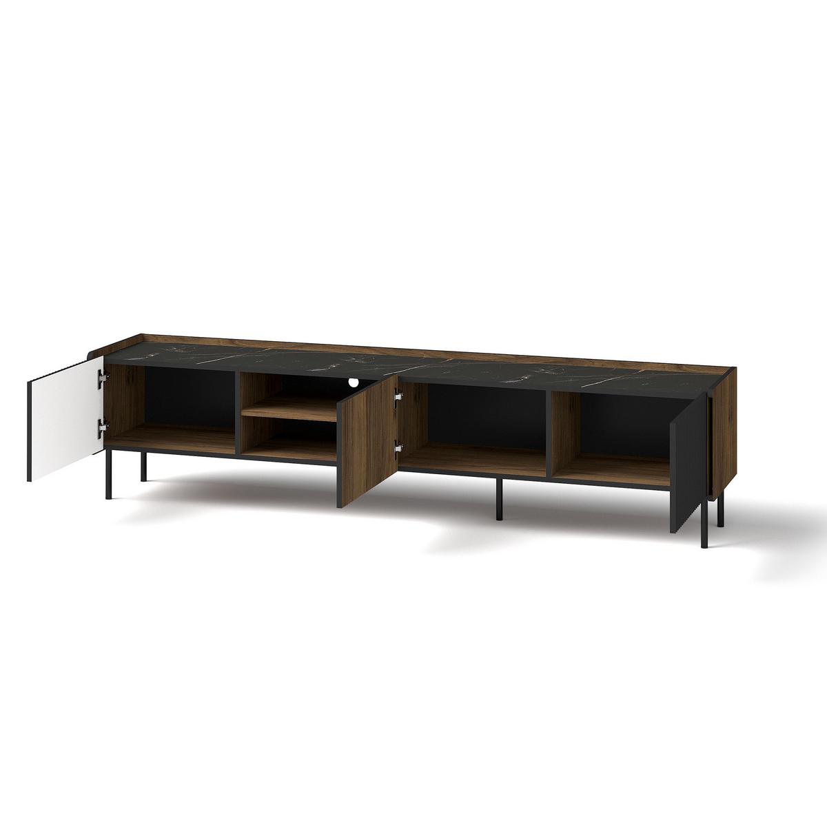 LOWBOARD Piano mit 3 Türen, Mattschwarz + Warmia-Nussbaum - Dunkelbraun/Schwarz, Holzwerkstoff (200/47/40cm) - Beautysofa