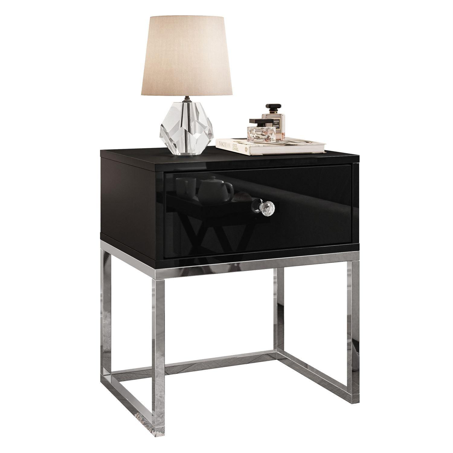 NACHTTISCH BLANCO GLAMOUR Schwarz Hochglanz auf verchromtem Gestell Kristallgriff - Schwarz Hochglanz/Silberfarben, Holzwerkstoff (45/53/36.6cm) - Lookway