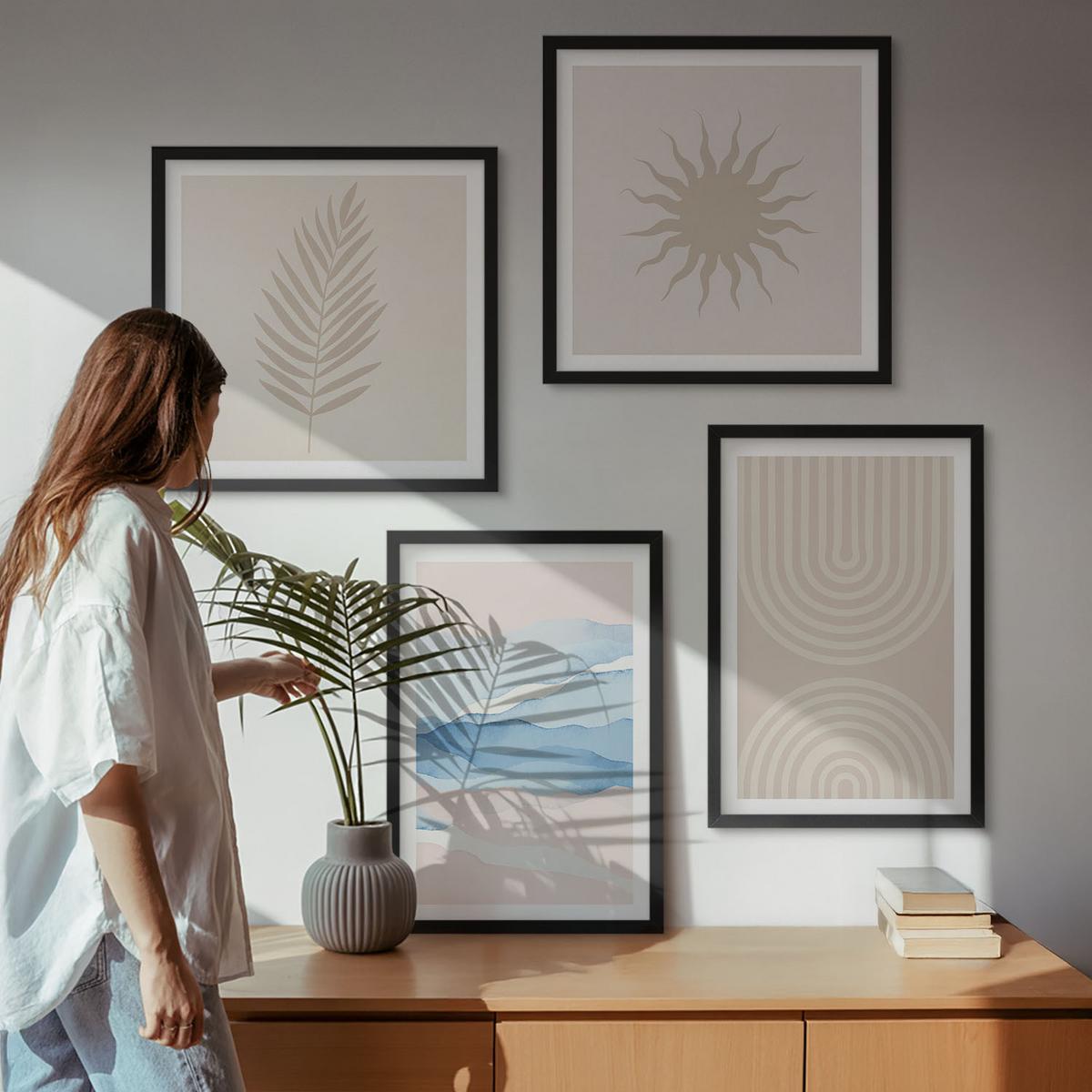 BILDER SET 4er Set - 50x50 cm & 40x60 cm Schwarzer Rahmen - Abstrakte Linien der Sonnenwellen - Schwarz, Kunststoff (50/50cm) - TULUP