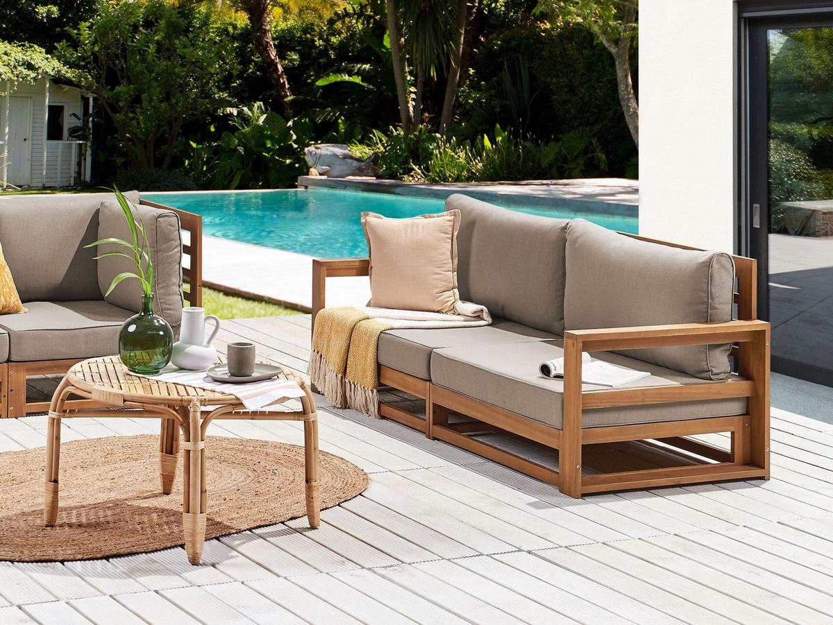GARTENSOFA 2-sitzer zertifiziertes Akazienholz hellbraun Auflagen taupe Timor - Hellbraun/Beige, Holz (184/72/75cm) - Beliani