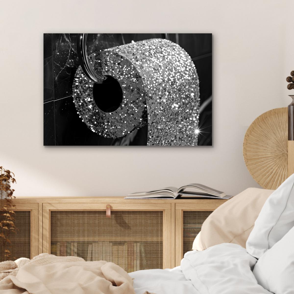 METALLBILD WC - Toilettenpapier - Schwarz und weiß - Glitter Wandbild 60x40 cm - Silberfarben, Metall (60/40cm) - MuchoWow