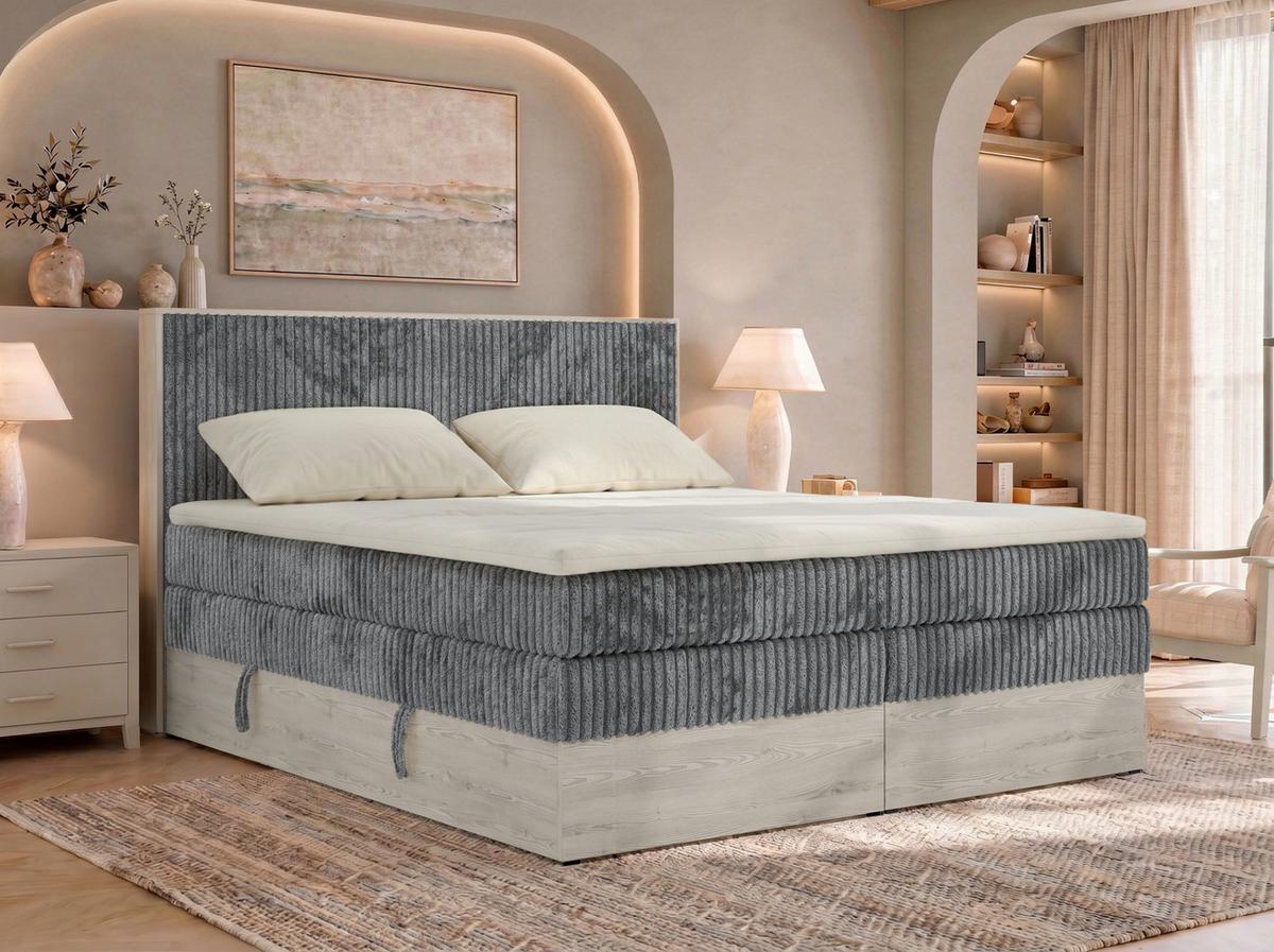 BOXSPRINGBETT NORDIC KING 140/200 - Grau Cord - Topper Visco - H3 - Schwarz/Grau, Kunststoff/Textil (140/200cm) - MKS