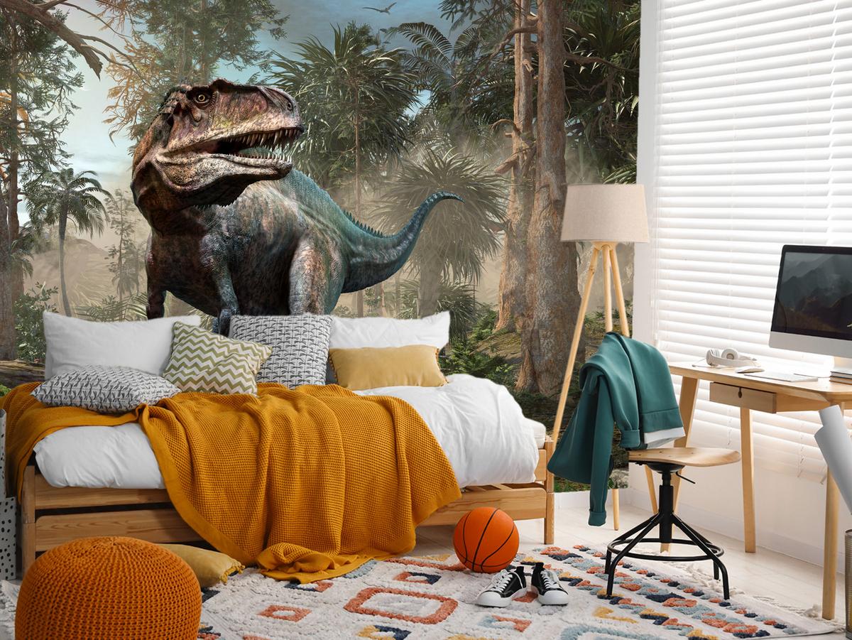 FOTOTAPETE für Jugendzimmer Realistischer Dinosaurier Dschungel Palmen 500x350 - Beige/Schwarz, Papier (500/350cm) - Muralo