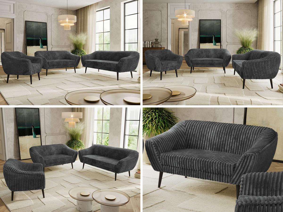 SITZGARNITUR PIRS 3+2+1 - Grau Cord - Schwarze Beine - Schwarz/Grau, Holzwerkstoff/Textil (180/75/74cm) - MKS