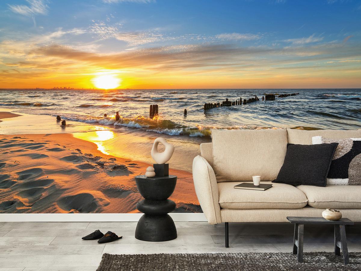FOTOTAPETE Sonnenuntergang Strand Meer Landschaft 3D 300x210 cm - Beige/Orange, Papier (300/210cm) - Muralo