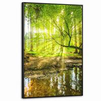 LEINWAND Bilder mit Rahmen - Wald - Landschaft - Wasser - Bäume - Sonne - Grün - Natur - 100x150 - Grün, Textil (100/150cm) - MuchoWow