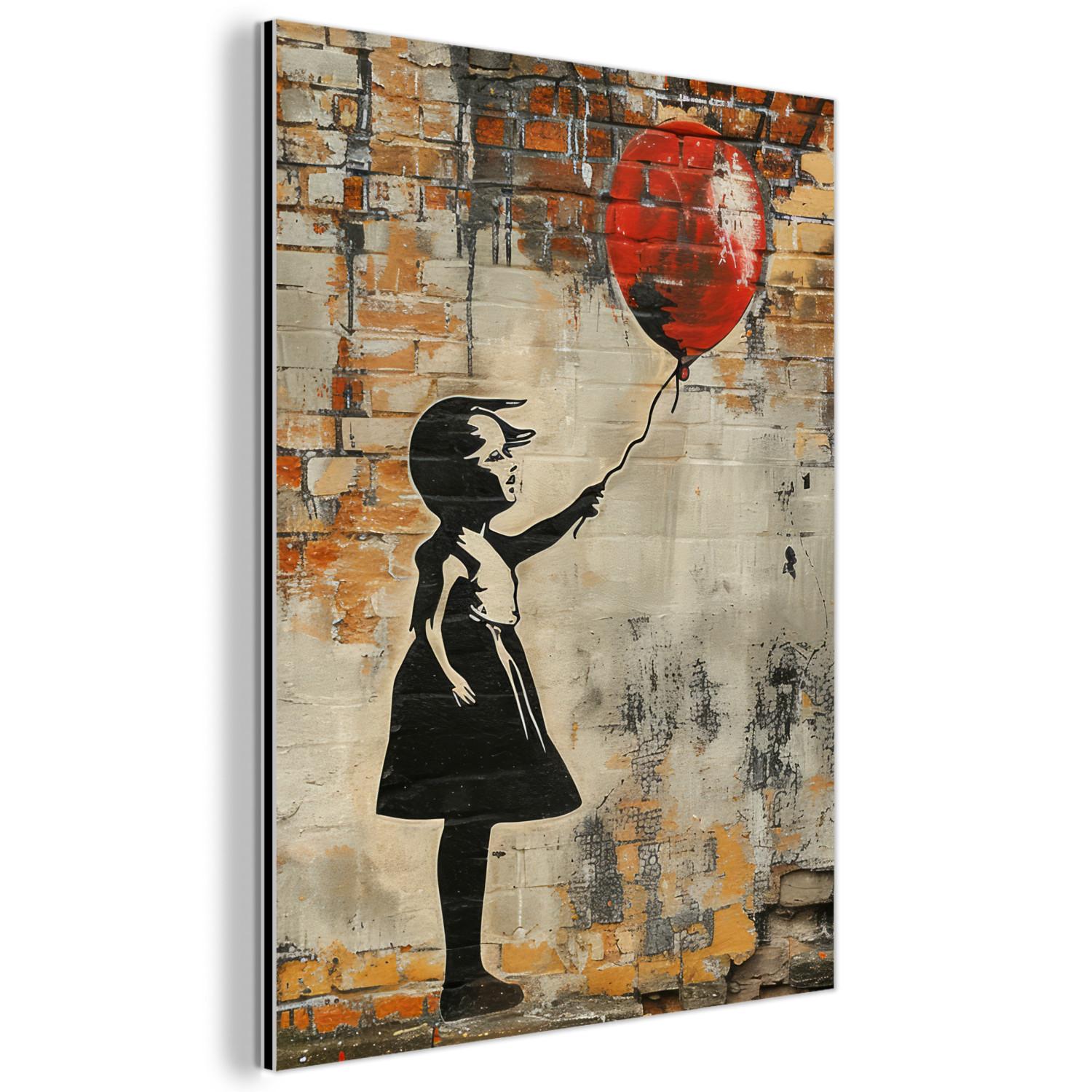 METALLBILD Graffiti - Banksy - Mädchen - Straßenkunst 60x80 cm - Sandfarben, Metall (60/80cm) - MuchoWow