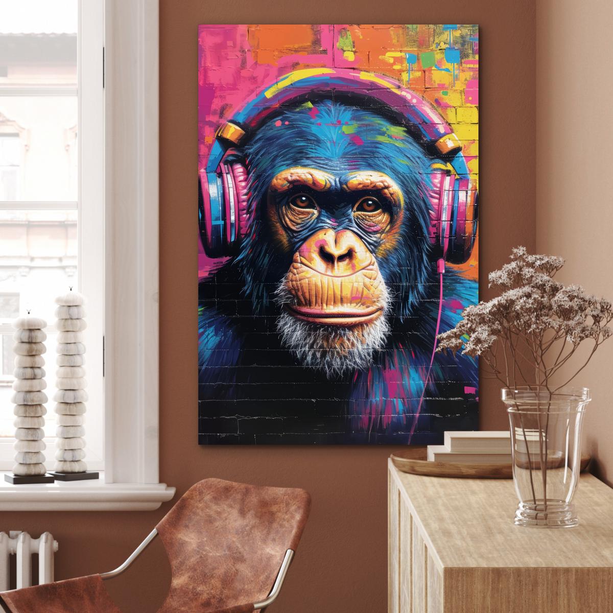 METALLBILD Graffiti - Schimpanse - Straßenkunst - Kopfhörer - Affe 80x120 cm - Blau, Metall (80/120cm) - MuchoWow