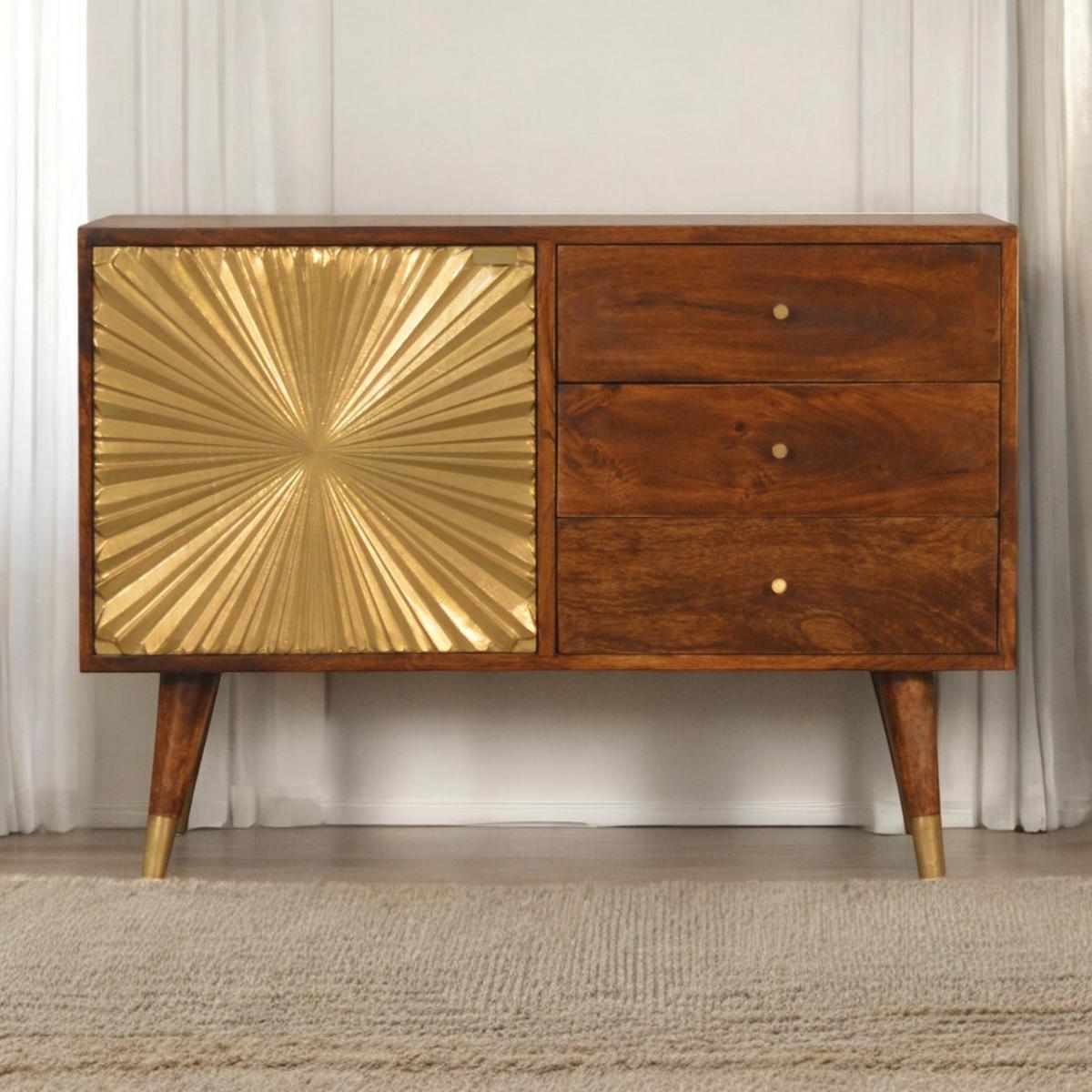 SIDEBOARD Kastanien-Finish, 3 Schubladen, 1 großes Regal, Braun und Gold - Braun, Mangoholz/Holz (35/60/85cm) - Artisan Furniture