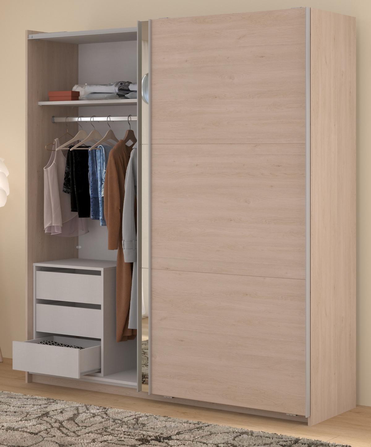 KLEIDERSCHRANK Eiche Jackson 178 cm, Schwebetürenschrank 2-türig mit Spiegel und Schubkasteneinsatz - Eichefarben, Glas/Holzwerkstoff (178/203/59cm) - Parisot Meuble