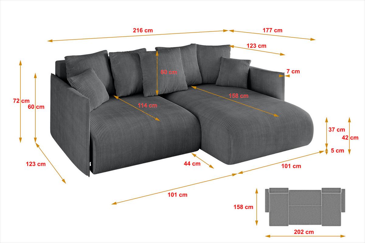 ECKSOFA Ottomane rechts ONESK-L 216x177x72 Dunkelgrau Cord - Dunkelgrau, Holzwerkstoff/Kunststoff (177/216cm) - ALTDECOR