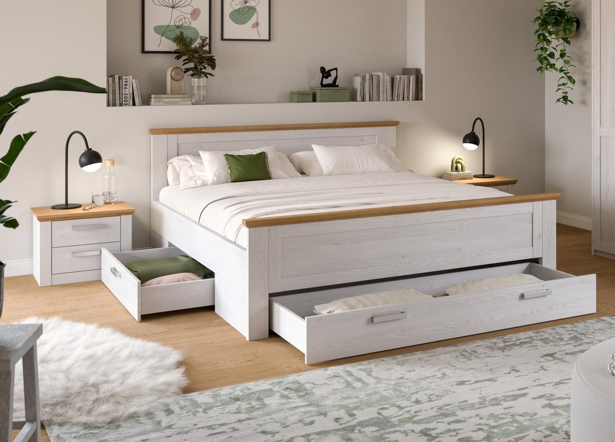 SCHLAFZIMMER weiß Lärche, Eiche Artisan Landhaus Set mit Bett inklusive Bettschubkästen, 2x Nachttisch - Eichefarben/Silberfarben, Holzwerkstoff/Kunststoff (180/200cm) - Inn.Furn