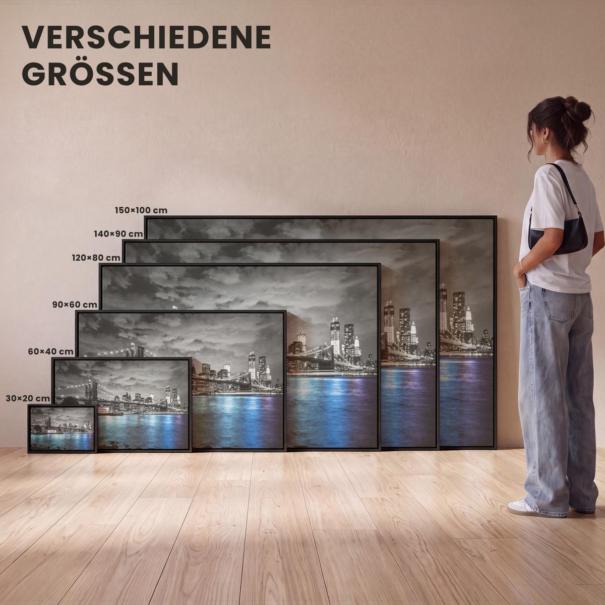 LEINWAND Bilder mit Rahmen - New York - Skyline - Stadt - Blau - 90x60 - Blaugrau, Textil (90/60cm) - MuchoWow