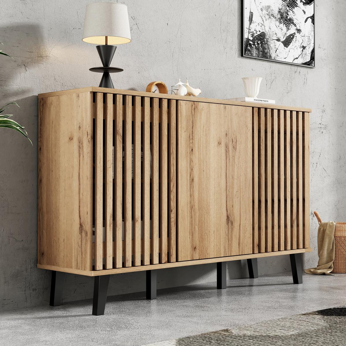 3-TÜRIGES Buffet mit Lamellendesign in Natürlicher Holzoptik,Beige - Naturfarben, Textil (40/95/150cm) - Urban Meuble