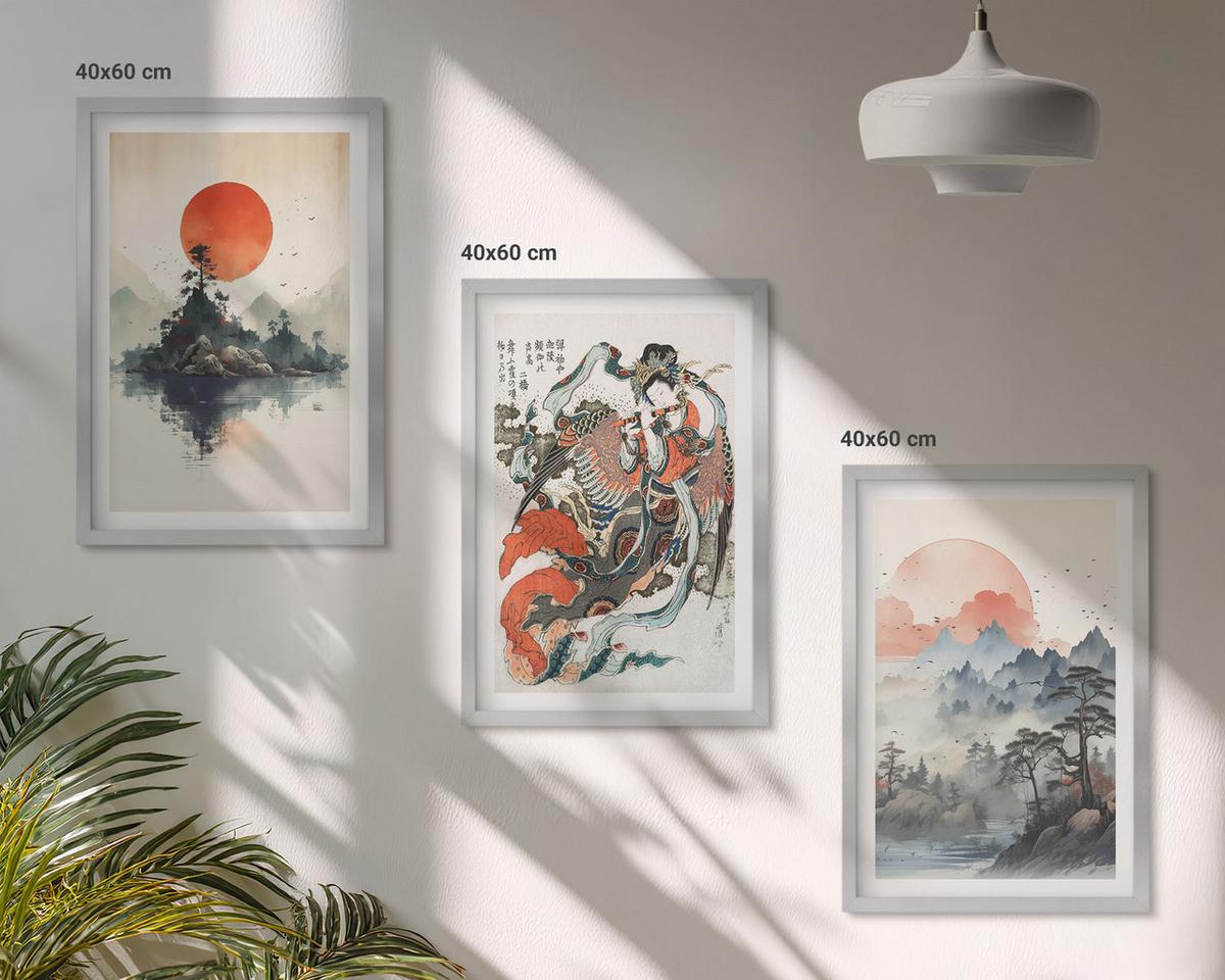 BILDER SET 3er Set - 40x60 cm Silberner Rahmen - Asiatische Japandi-Malereien - Silberfarben, Kunststoff (40/60cm) - TULUP