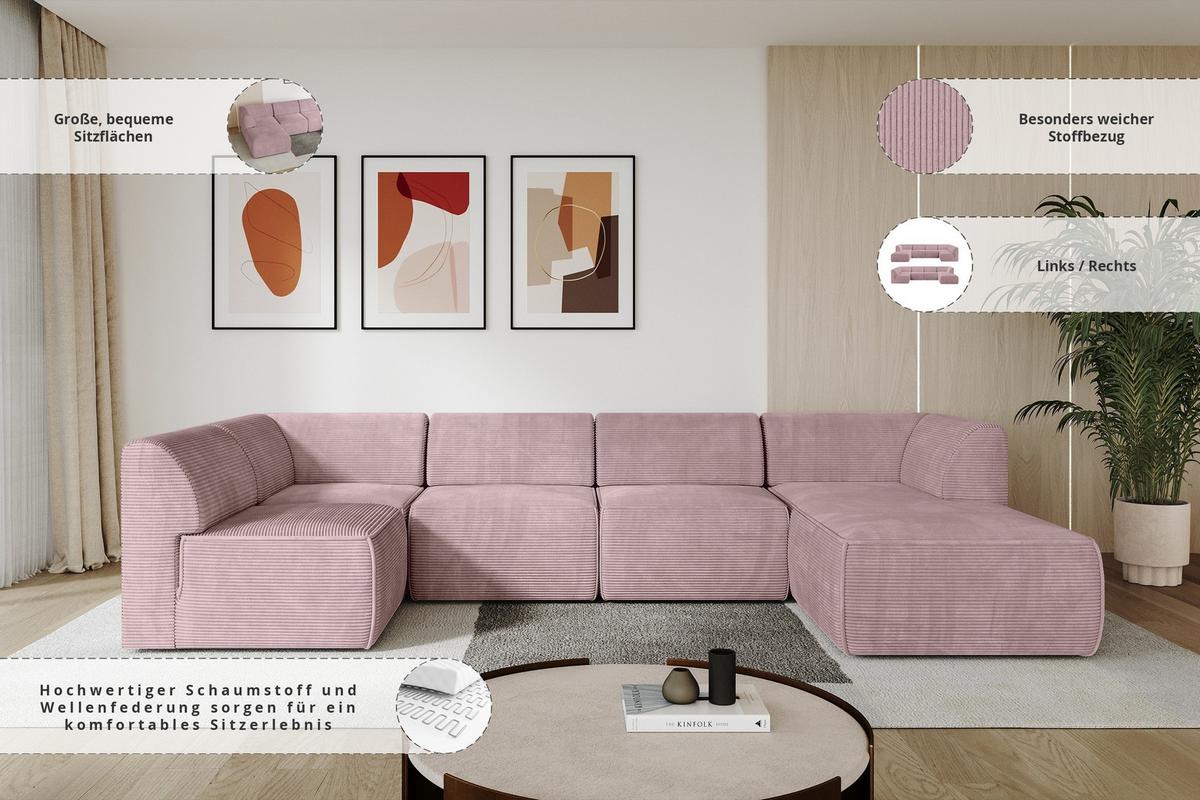 WOHNLANDSCHAFT Ottomane Rechts MOVO-L 345x180x78 cm Rosa Cord - Rosa, Holzwerkstoff/Kunststoff (180/78/345cm) - ALTDECOR