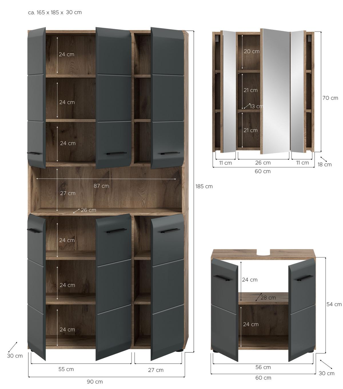 BADMÖBEL-SET schwarz matt, Nox Eiche 3-teilig, Komplettset mit viel Stauraum - Eichefarben/Schwarz, Glas/Holzwerkstoff (165/185/30cm) - Inn.Furn