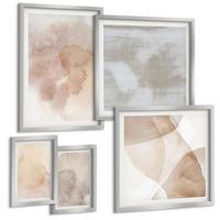 BILDER SET 5er Set - 50x50 cm & 20x30 cm & 40x60 cm Silberner Rahmen - Warme Aquarell-Pastelltexturen - Silberfarben, Kunststoff (40/60cm) - TULUP