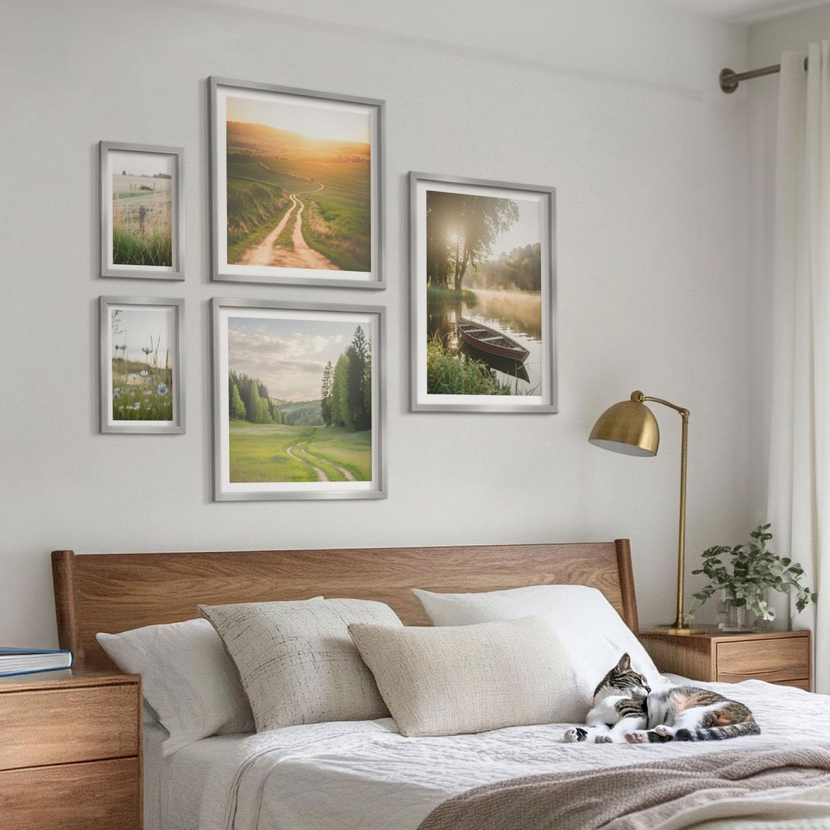 BILDER SET 5er Set - 50x50 cm & 20x30 cm & 40x60 cm Silberner Rahmen - Landschaftswiesenstraße West - Silberfarben, Kunststoff (40/60cm) - TULUP
