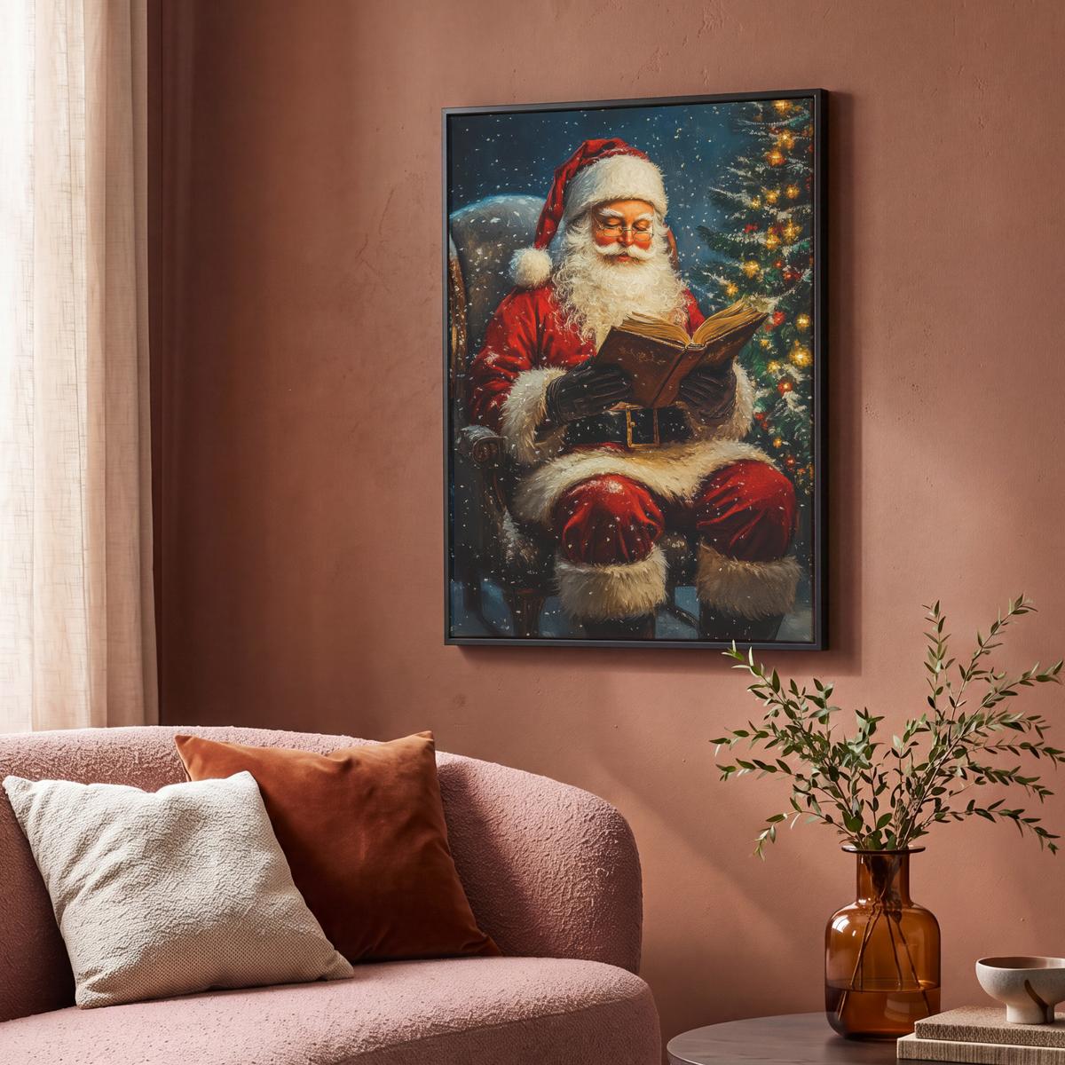 LEINWAND Bilder mit Rahmen - Weihnachtsmann - Weihnachten - Winter - Weihnachtsbaum - 70x100 - Bordeaux, Textil (70/100cm) - MuchoWow