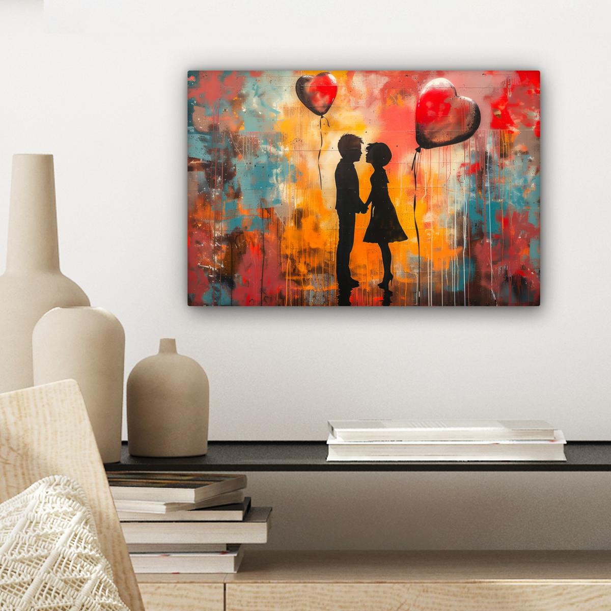 LEINWANDBILD Straßenkunst - Liebe - Graffiti - Kunst - Banksy Deko Schlafzimmer 30x20 cm - Orange, Textil (30/20cm) - MuchoWow