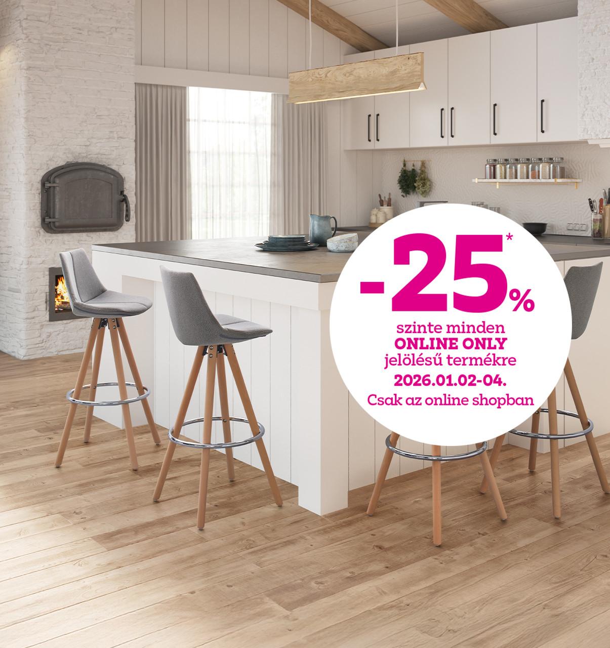 -25% szinte minden ONLINE ONLY jelölésű termékre 2026.01.02-04. között csak az online shopban!