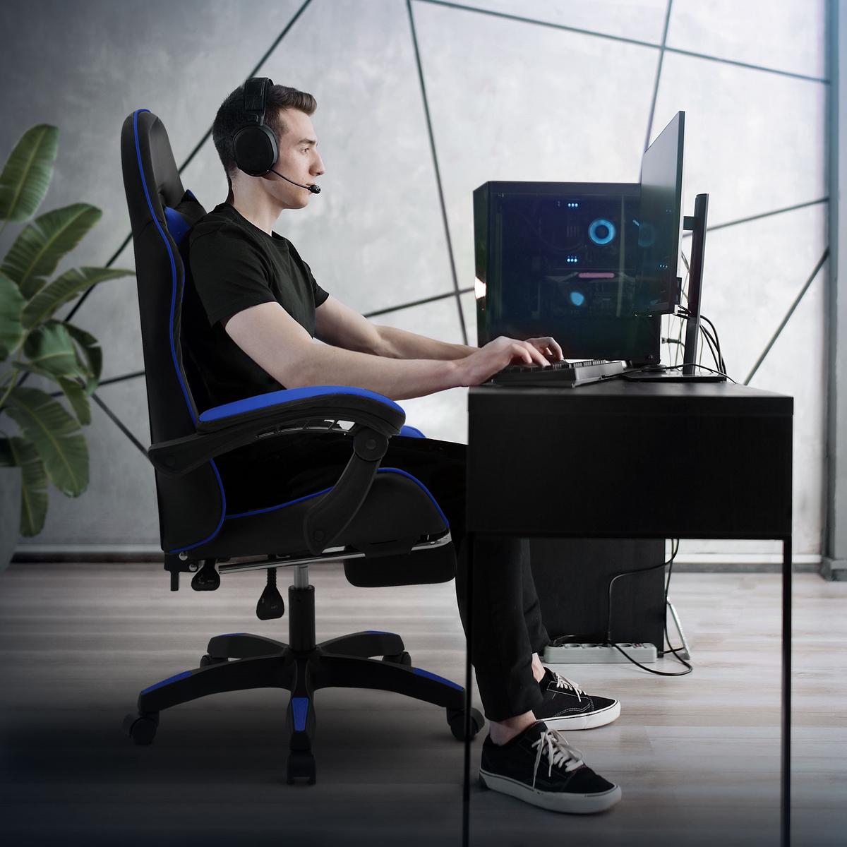 GAMINGSTUHL Schwarz-Blau aus Kunstleder - Blau/Schwarz, Kunststoff/Metall (62/119/62cm) - ML-DESIGN
