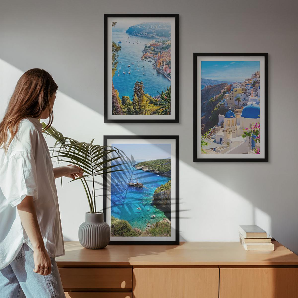 BILDER SET 3er Set - 40x60 cm Schwarzer Rahmen - Griechische Ansichten von Santorin Oia - Schwarz, Kunststoff (40/60cm) - TULUP