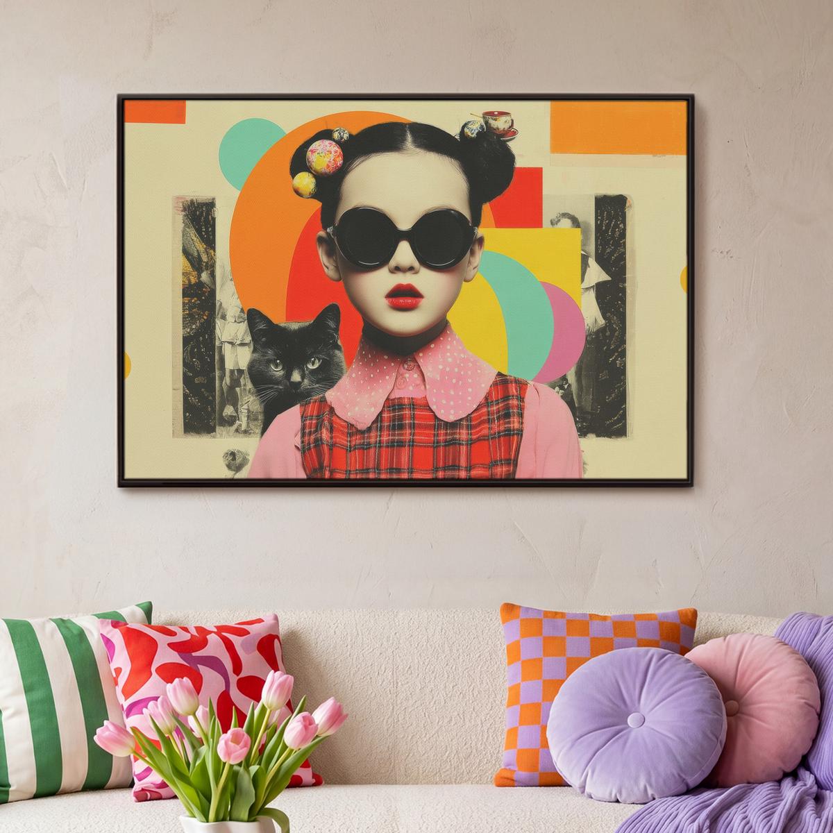 LEINWAND Bilder mit Rahmen - Mädchen - Sonnenbrille - Katze - Retro - 90x60 - Beige, Textil (90/60cm) - MuchoWow