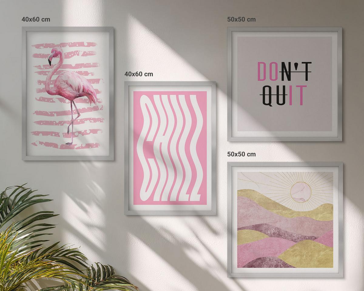 BILDER SET 4er Set - 50x50 cm & 40x60 cm Silberner Rahmen - Pastellfarbene Berglandschaft mit rosa Flamingos - Silberfarben, Kunststoff (50/50cm) - TULUP