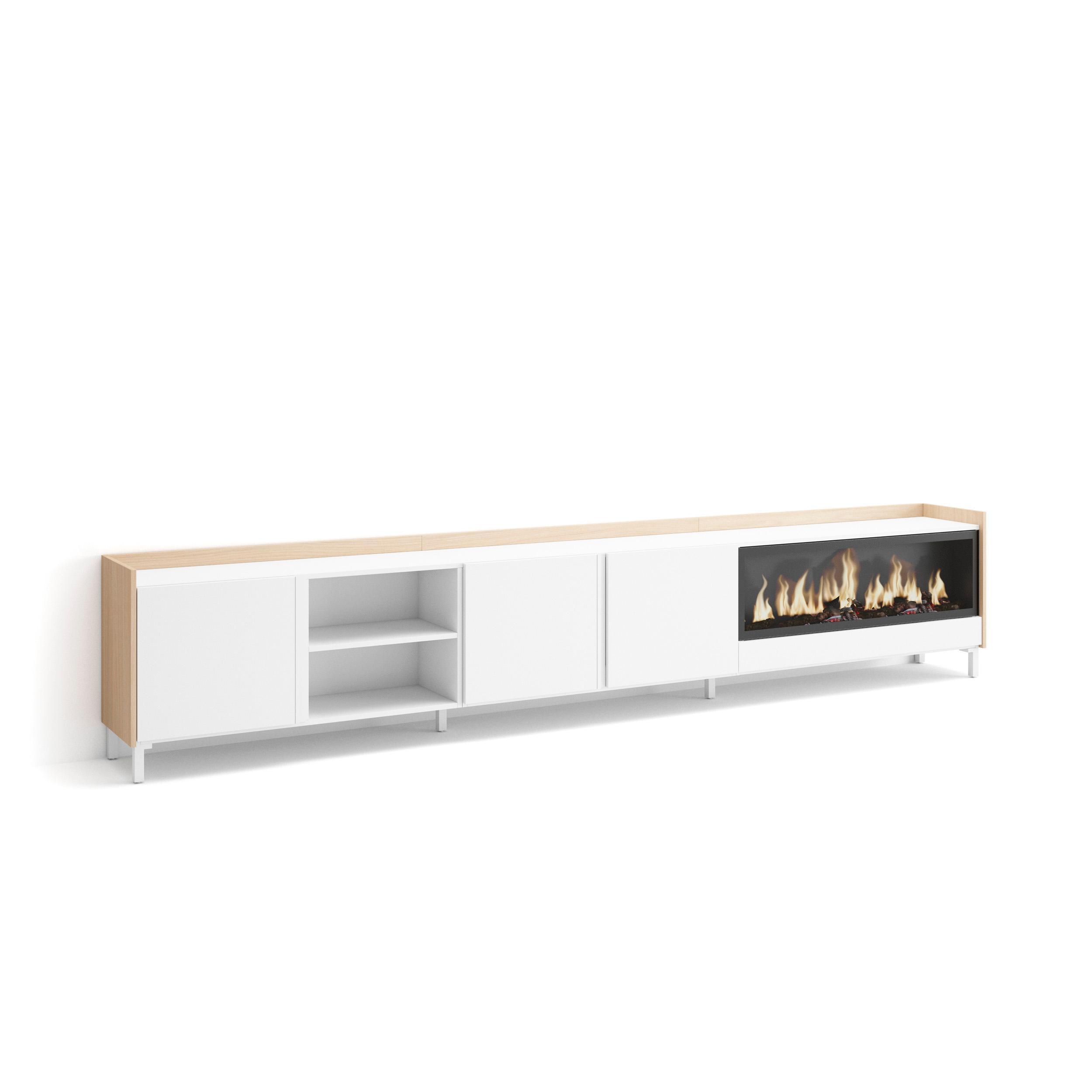 LOWBOARD, Weiß und Eiche, 315/35/61cm, Kamin mit Feuereffekt XXL - Weiß, Holzwerkstoff (315/61/35cm) - Skraut Home