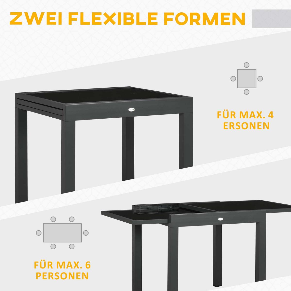 GARTENTISCH, Klappbarer Tischplatte, Balkontisch Terrassentisch, Alu, Glas, Schwarz - Schwarz, Metall (160/80/75cm) - Outsunny