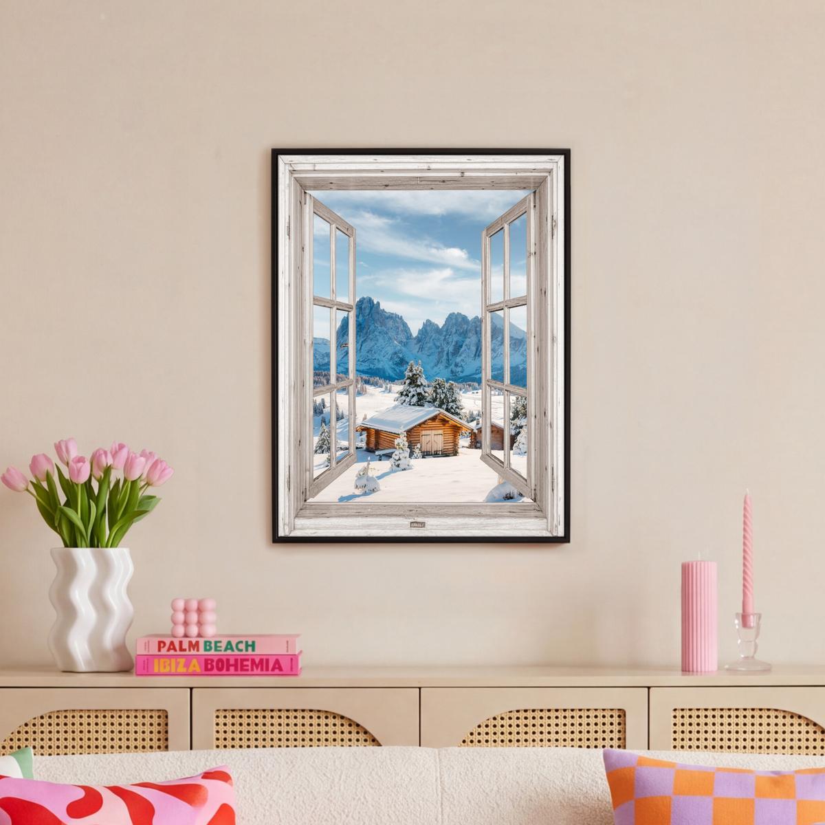 LEINWAND Bilder mit Rahmen - Winterlandschaft - Hütte - Berge - Ausblicke - Aussicht - Natur - 60x80 - Weiß Hochglanz, Textil (60/80cm) - MuchoWow