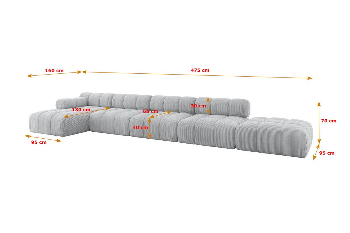 ECKSOFA modulares Sofa Lizur-L3 - 475x160x70 cm Grau Cord - Grau, Holzwerkstoff/Textil (475/160cm) - ALTDECOR
