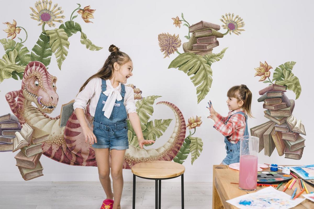 WANDAUFKLEBER 100x149cm - Dino der Leser - Multicolor, Kunststoff (100/149/0.1cm) - Wallfluent