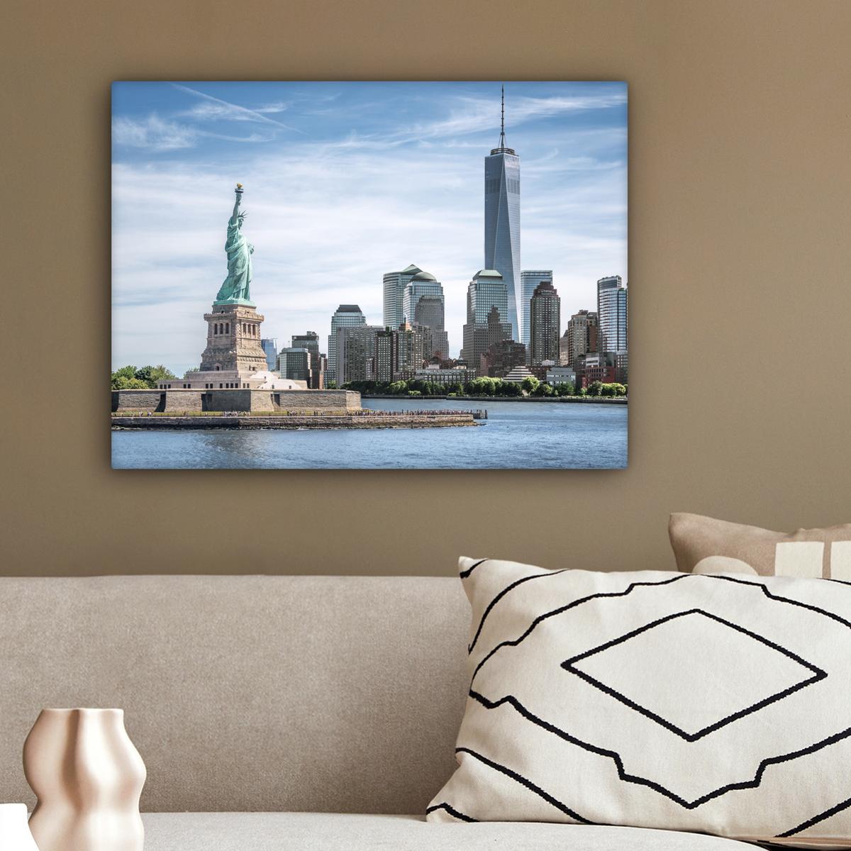 LEINWANDBILD New York - Freiheitsstatue - Wasser Wandbild 40x30 cm - Hellblau, Textil (40/30cm) - MuchoWow