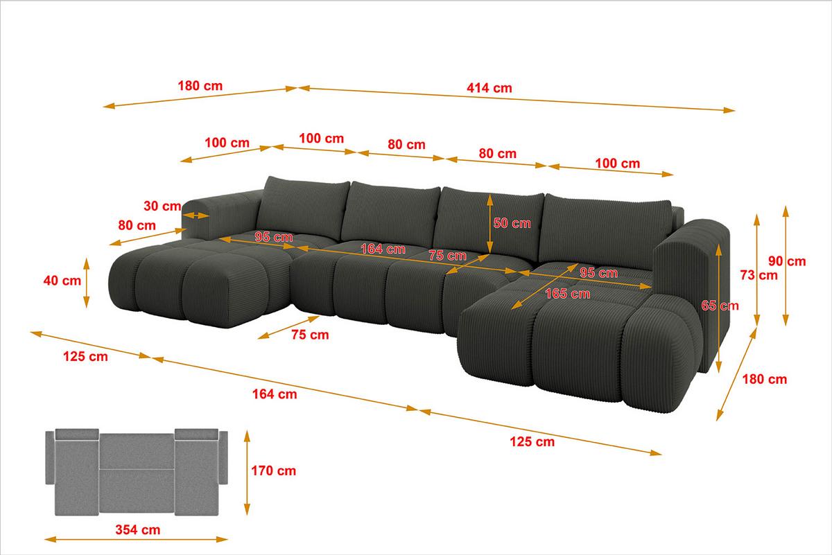 WOHNLANDSCHAFT CLOUD-U 405x185x90 Dunkelgrau Cord - Dunkelgrau, Holzwerkstoff/Kunststoff (405/90/185cm) - ALTDECOR