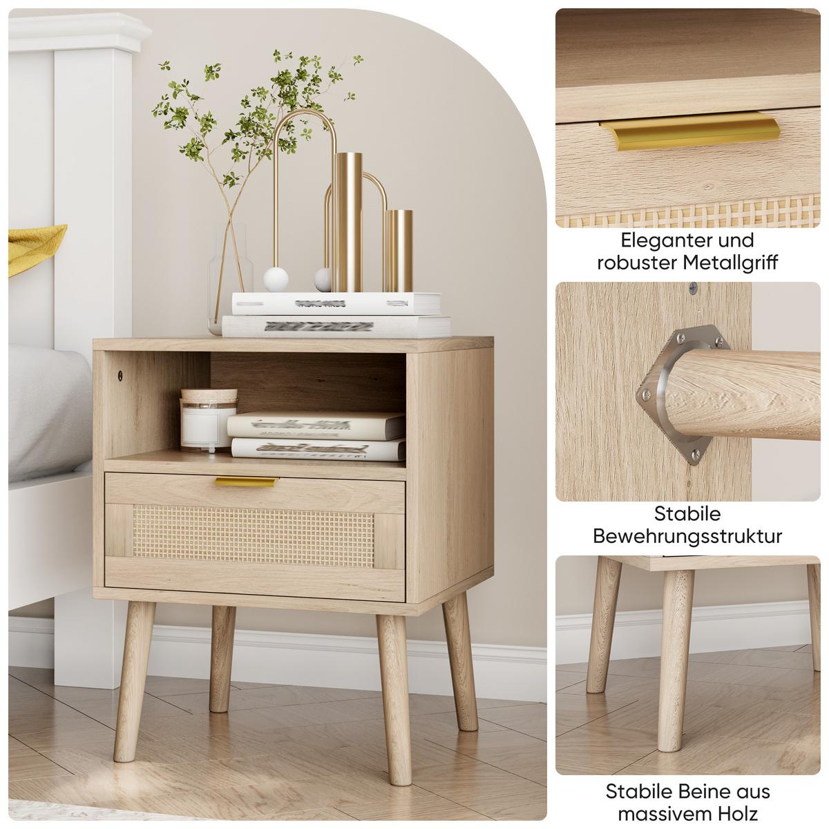 NACHTTISCH Eiche 45 cm – Boho Nachtkonsole mit Rattan & offenem Fach - Eichefarben, Holzwerkstoff (45/55/40cm) - Urban Meuble