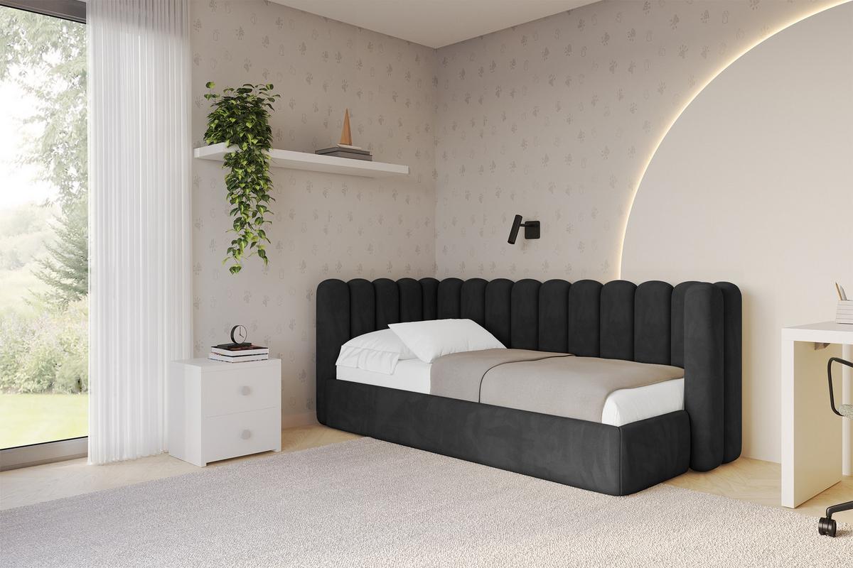 EINZELLBETT Jugendbett mit Bettkasten und Matratze H3/H4, Rechts - HUGY 100x200 Schwarz - Schwarz, Holzwerkstoff/Textil (100/200cm) - ALTDECOR