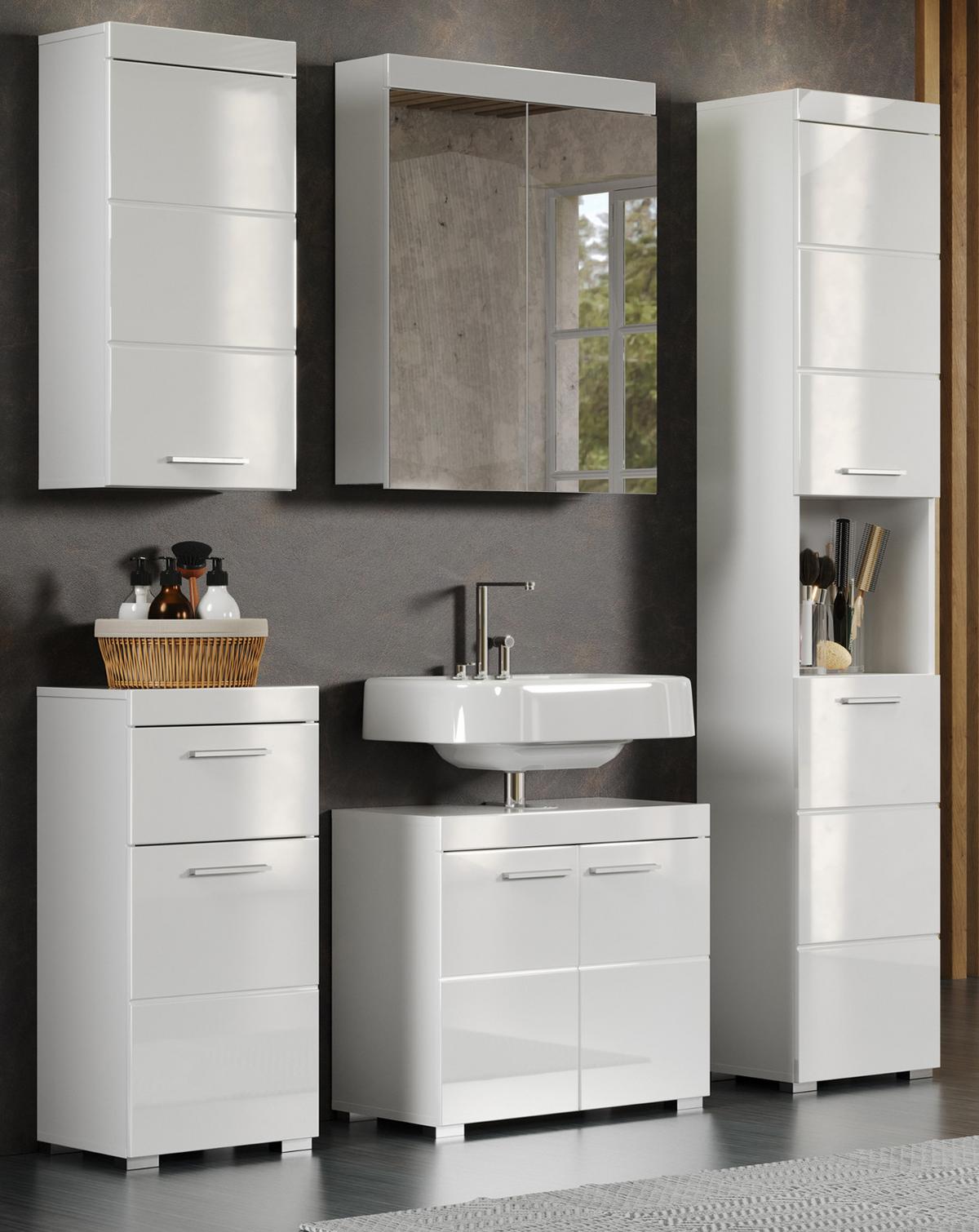 BADSCHRANK weiß Hochglanz 37 x 79 cm, Badezimmer Unterschrank modern - Weiß, Holzwerkstoff/Kunststoff (37/79/31cm) - Top.Furn