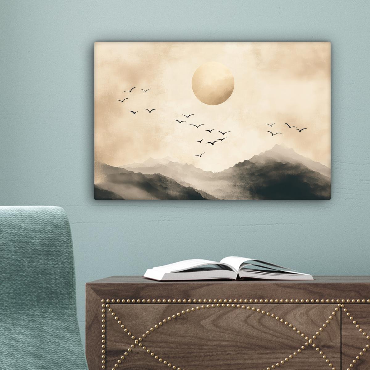 LEINWANDBILD Landschaft - Japandi - Vogel Deko Schlafzimmer 30x20 cm - Beige, Textil (30/20cm) - MuchoWow
