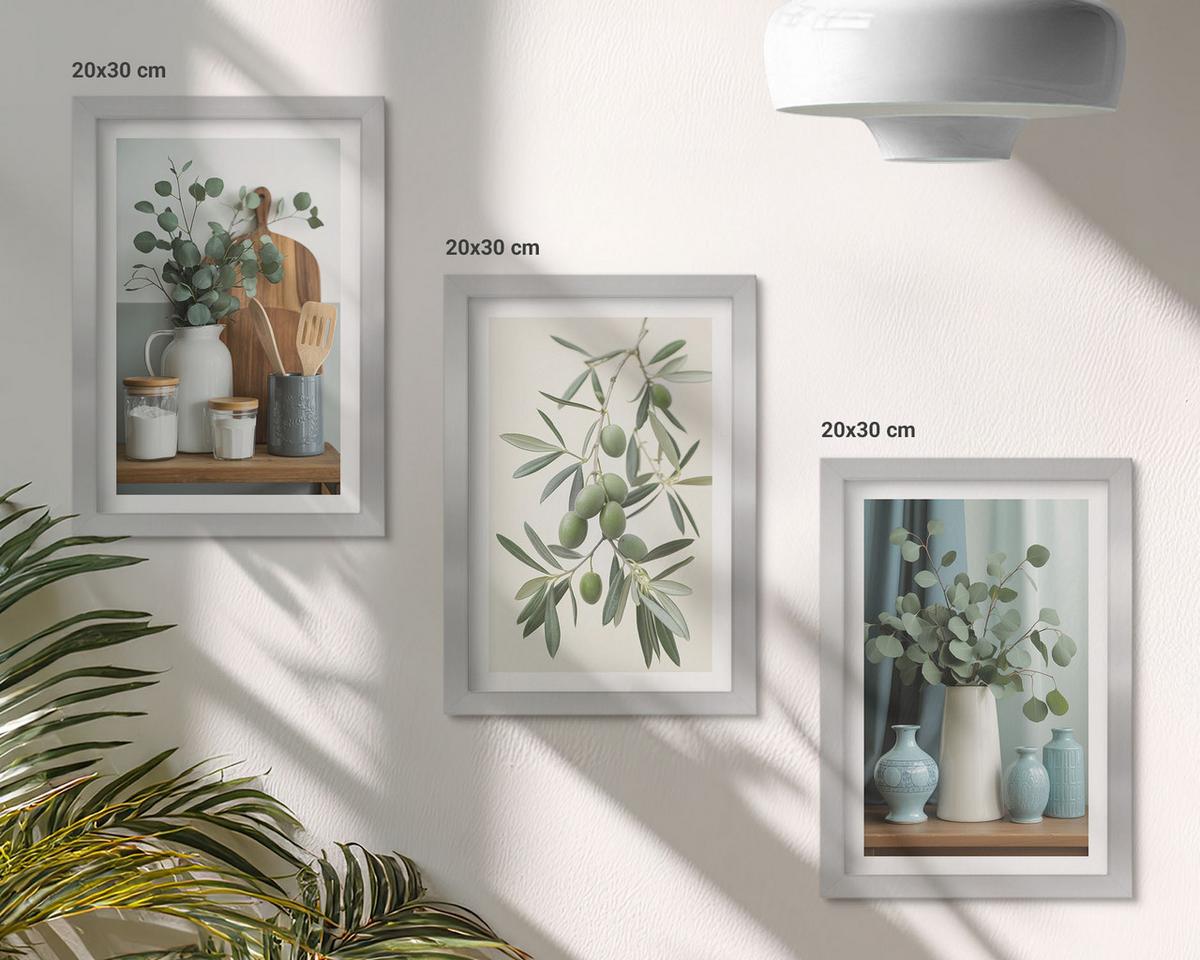 BILDER SET 3er Set - 20x30 cm Silberner Rahmen - Grüne Oliven, Eukalyptus - Silberfarben, Kunststoff (20/30cm) - TULUP