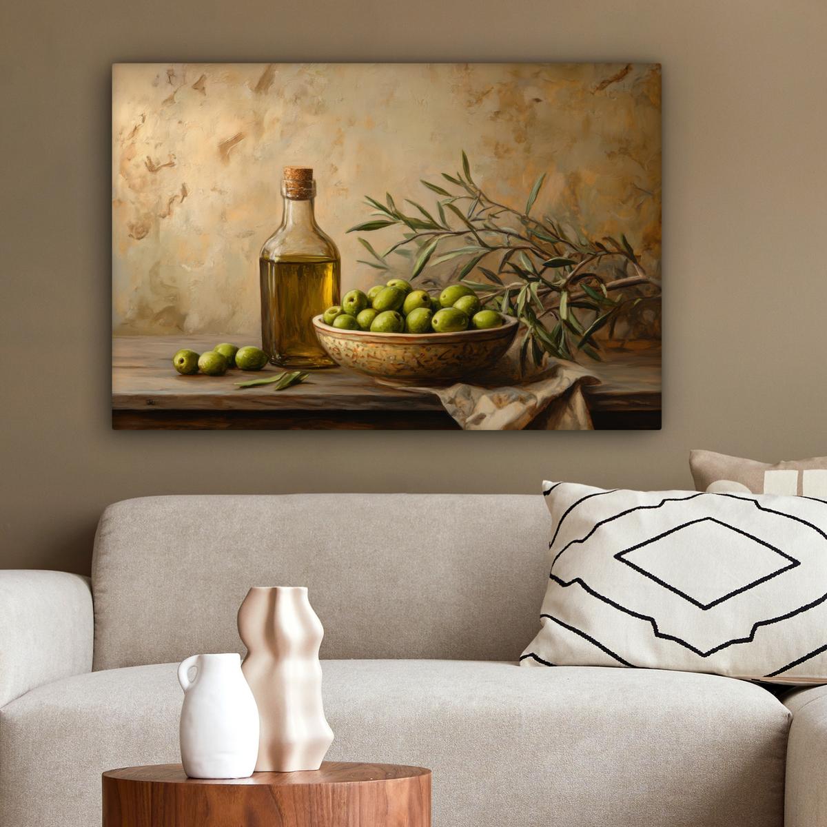 LEINWANDBILD Oliven - Stilleben - Vintage Wanddeko 90x60 cm - Olivgrün, Textil (90/60cm) - MuchoWow